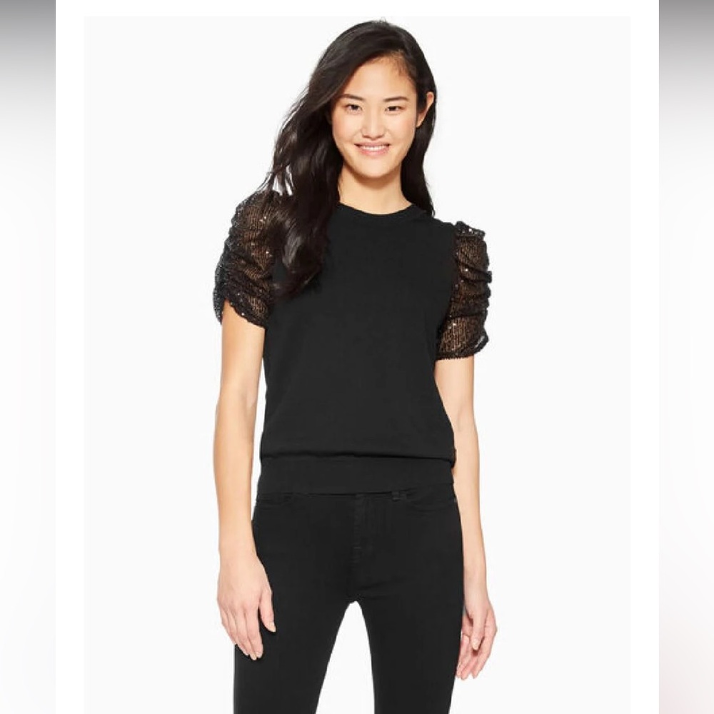 Parker Tash Knit Top with Sequin Sleeve Detail - Black